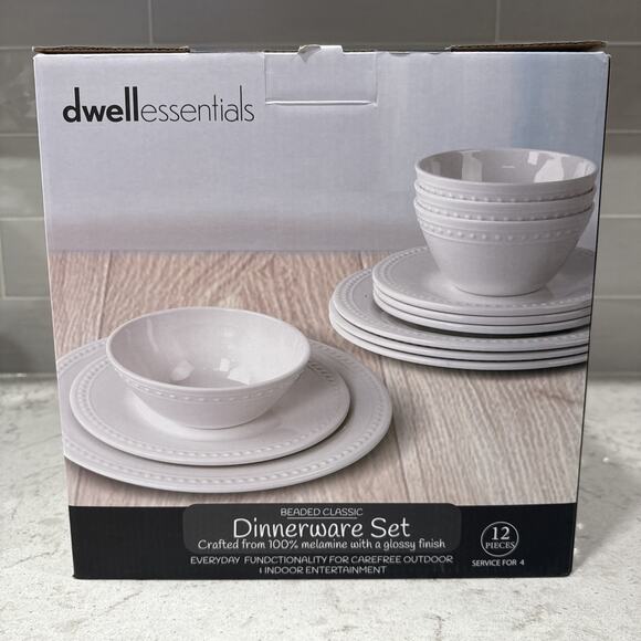 Boxed Set of 12 BEADED CLASSIC White Melamine Dinnerware Plates Bowls NEW - Picture 7 of 7